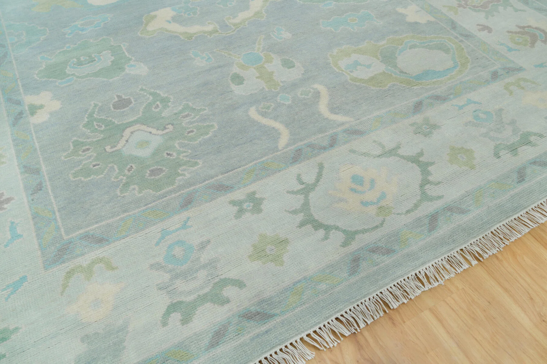 Teal & Blue Hand-Knotted Oushak Rug – Palmette & Rosette