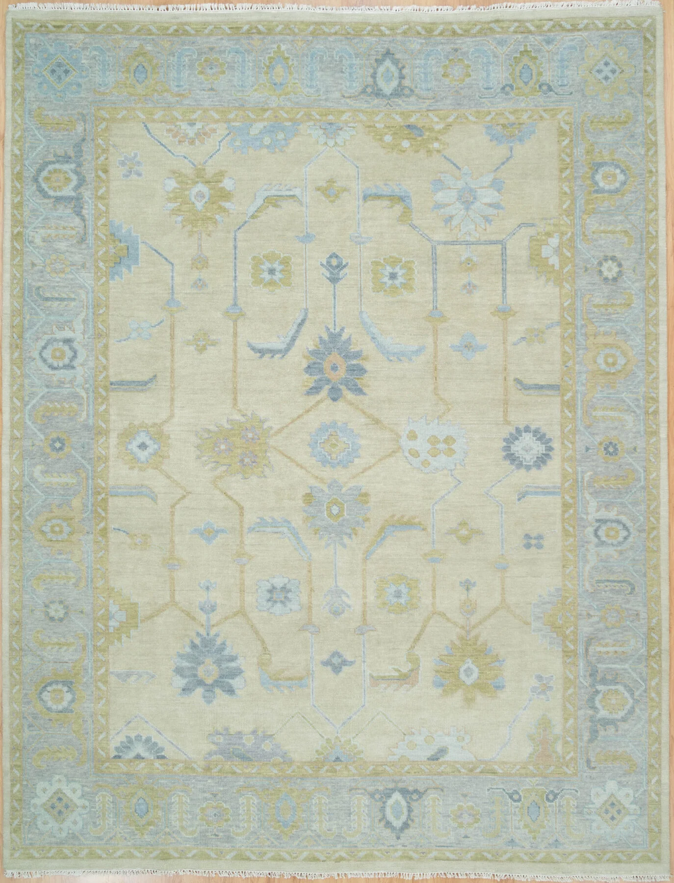 Sand & Blue Hand-Knotted Oushak Rug – Palmette & Rosette