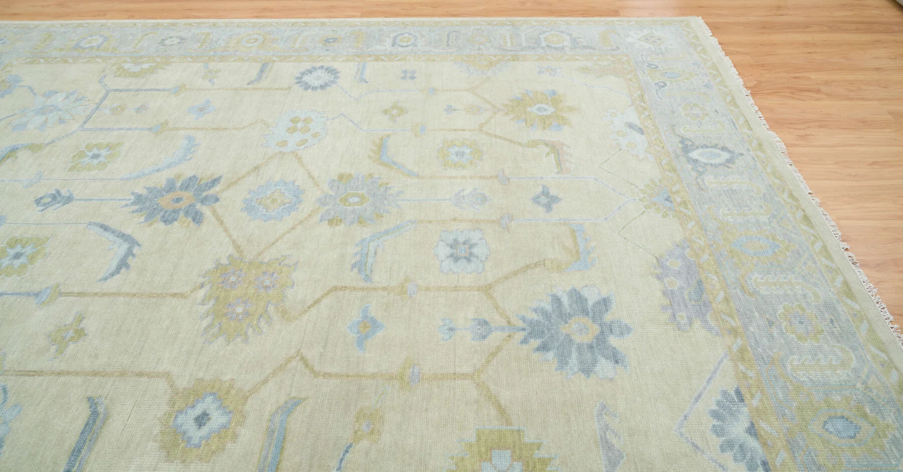 Sand & Blue Hand-Knotted Oushak Rug – Palmette & Rosette