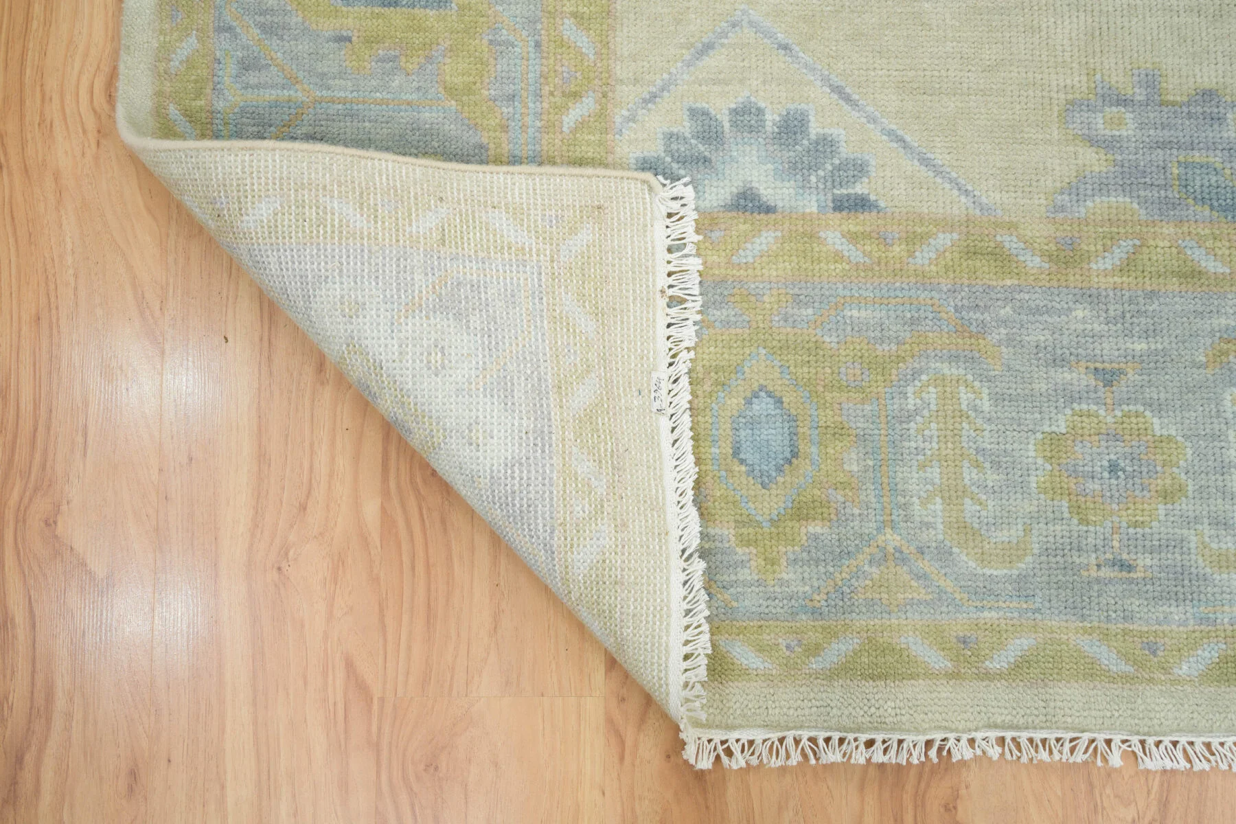 Sand & Blue Hand-Knotted Oushak Rug – Palmette & Rosette