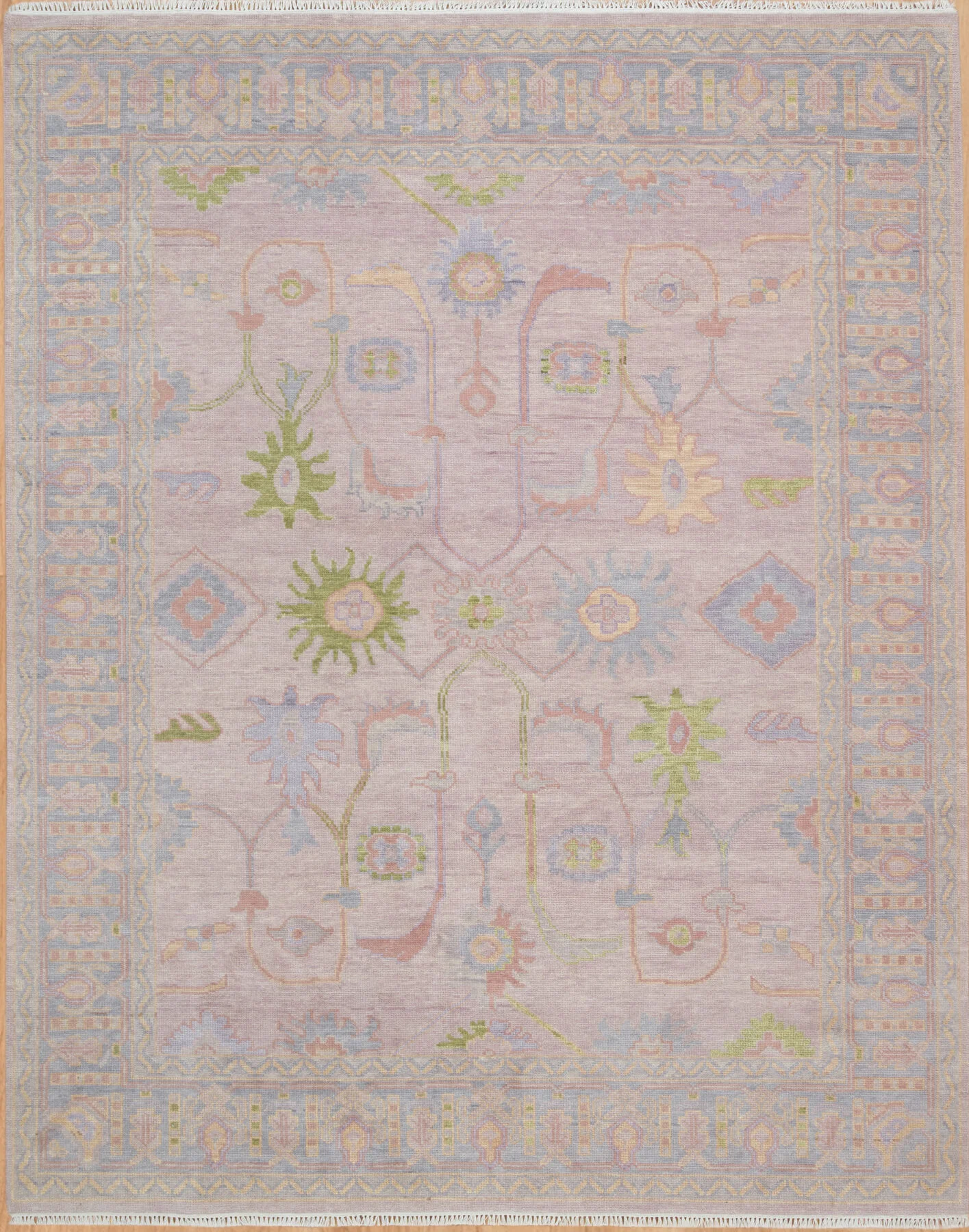 Mauve Hand-Knotted Oushak Rug – Palmette & Vine