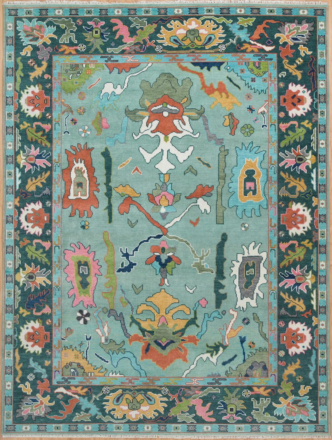 Teal & Coral Hand-Knotted Oushak Rug – Palmette & Rosette