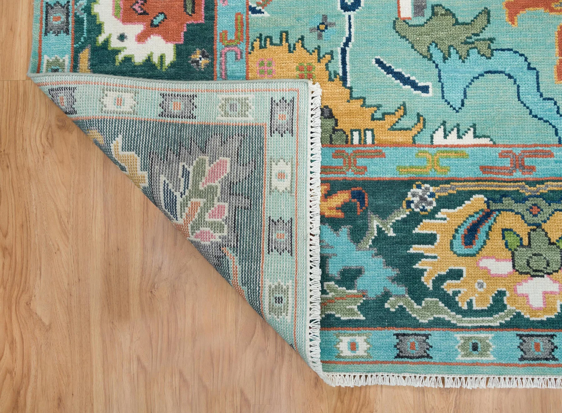 Teal & Coral Hand-Knotted Oushak Rug – Palmette & Rosette