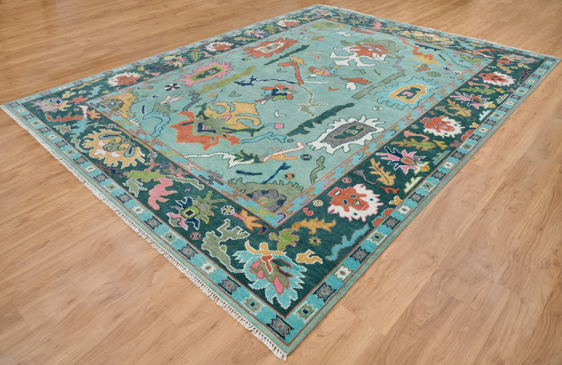 Teal & Coral Hand-Knotted Oushak Rug – Palmette & Rosette