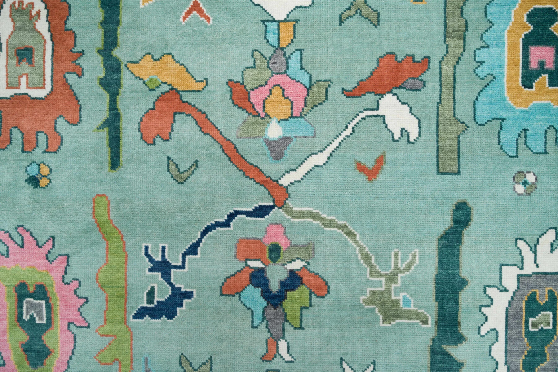 Teal & Coral Hand-Knotted Oushak Rug – Palmette & Rosette