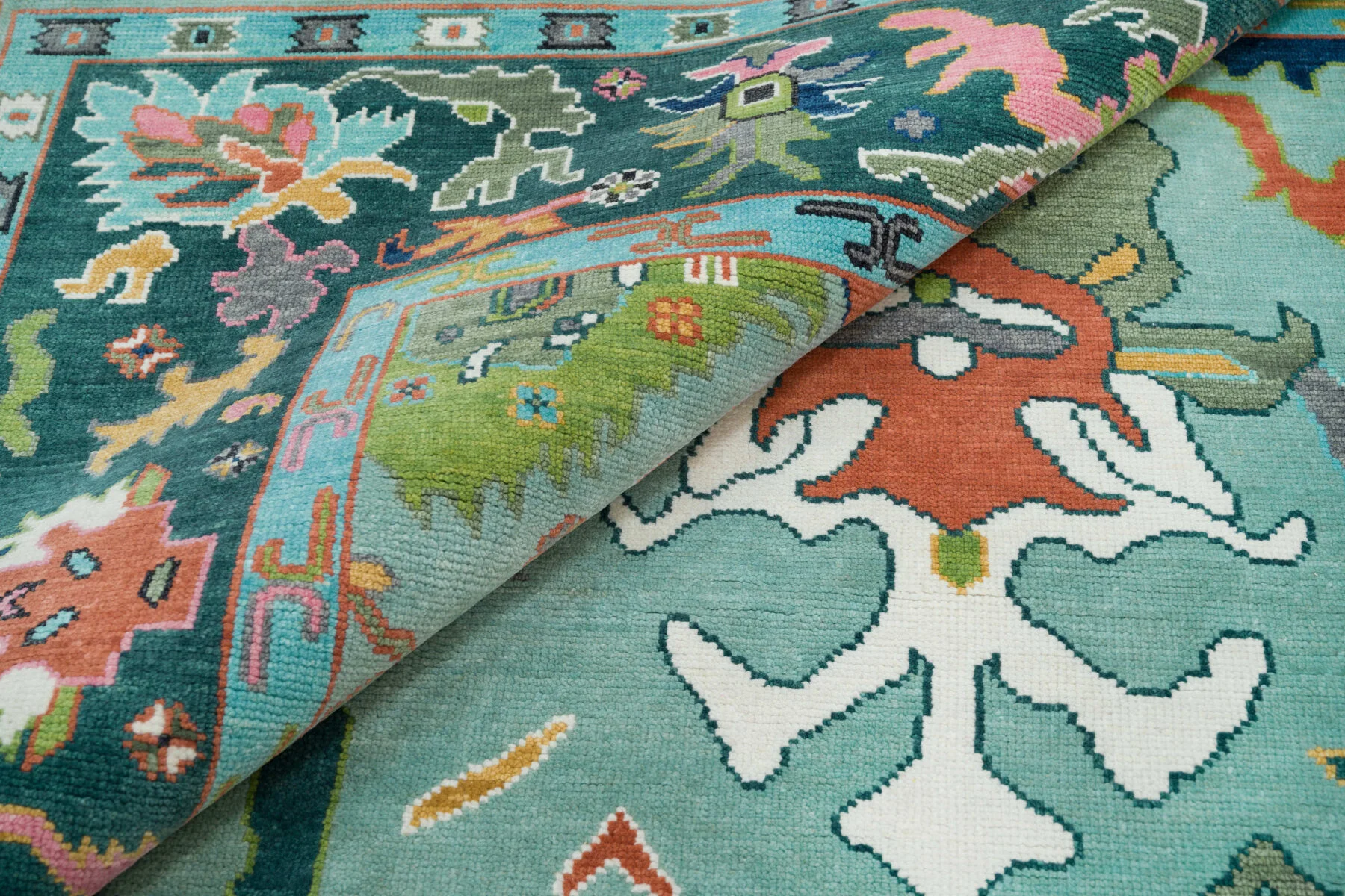 Teal & Coral Hand-Knotted Oushak Rug – Palmette & Rosette