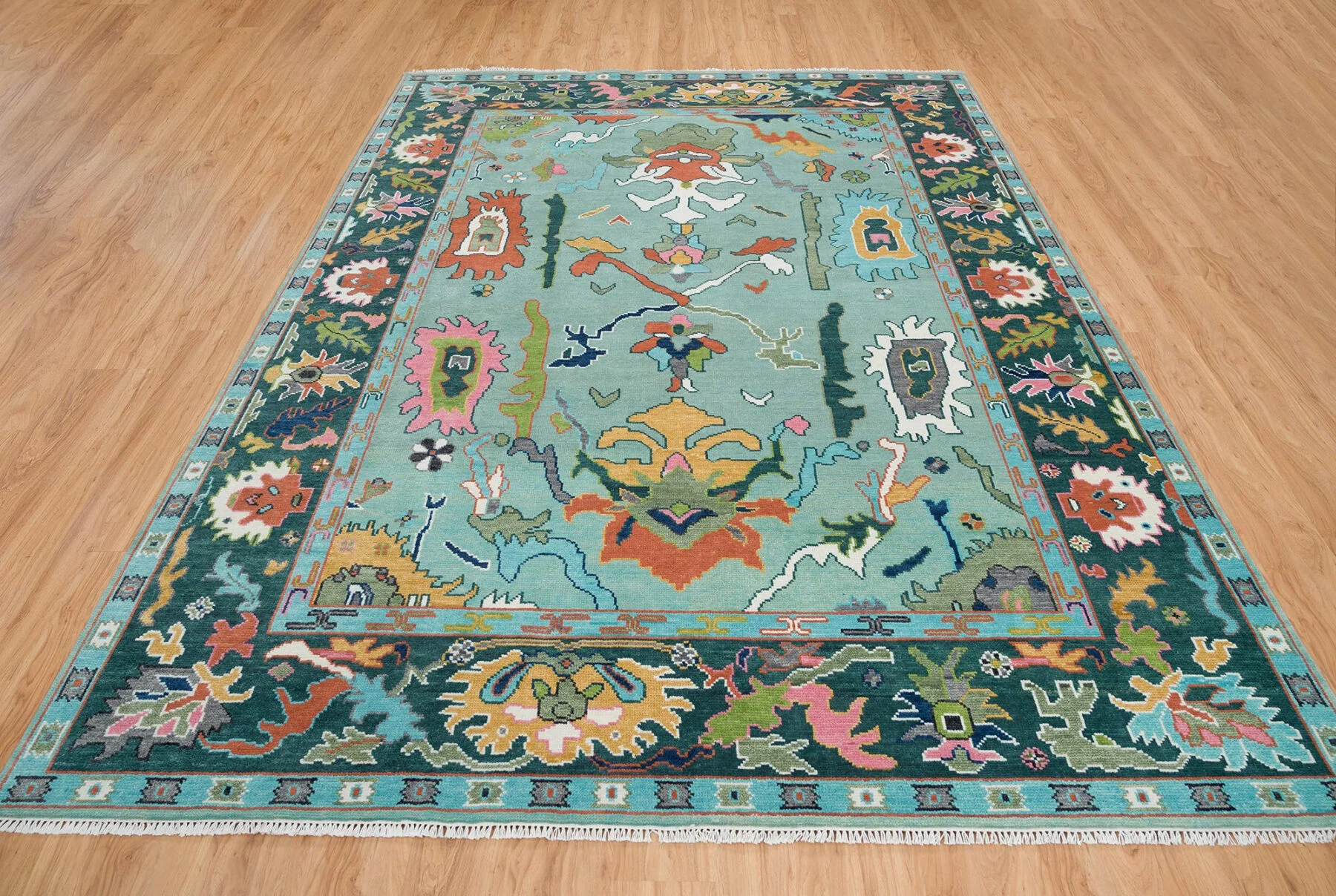 Teal & Coral Hand-Knotted Oushak Rug – Palmette & Rosette