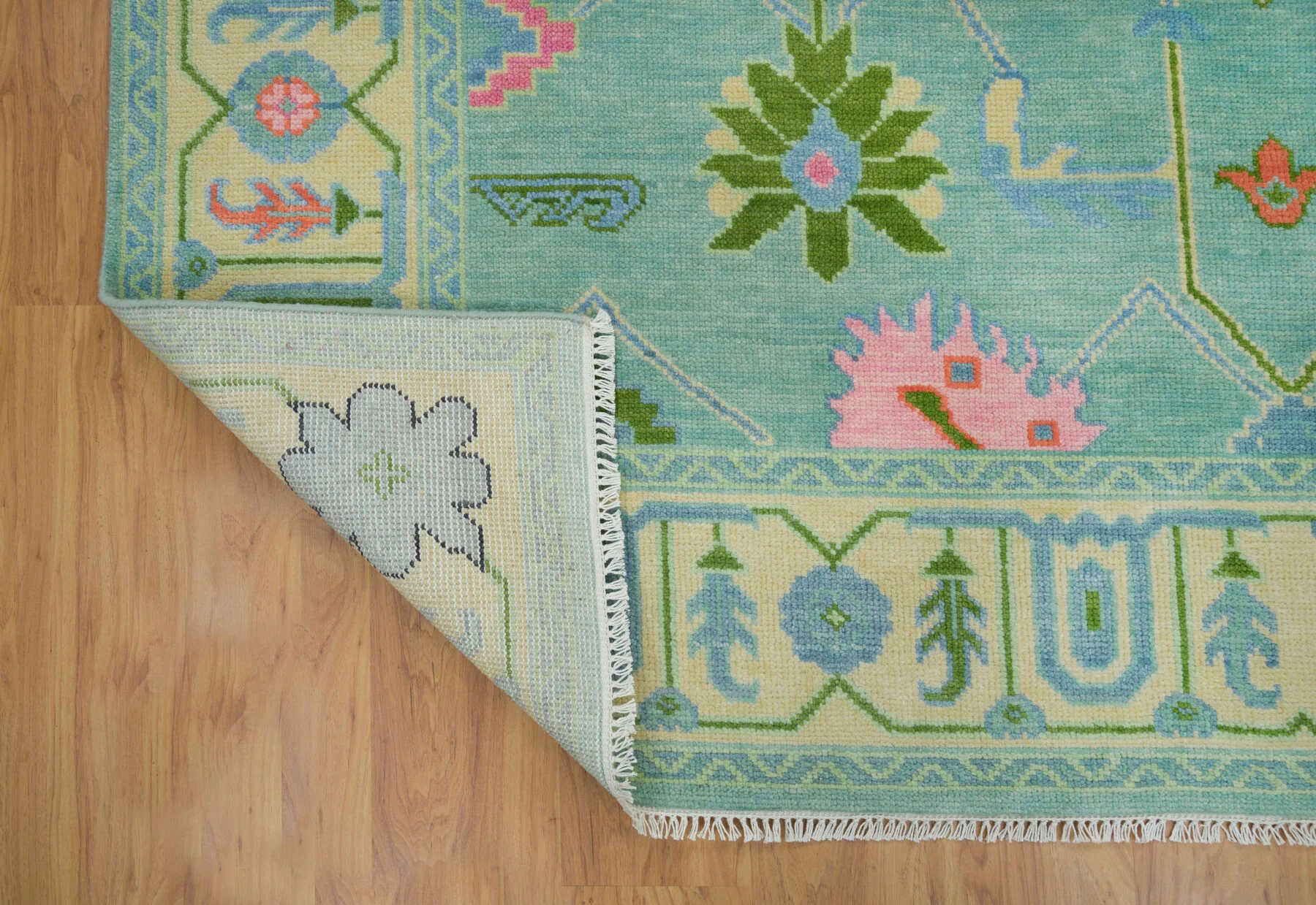 Aqua & Blush Hand-Knotted Oushak Rug – Palmette & Rosette