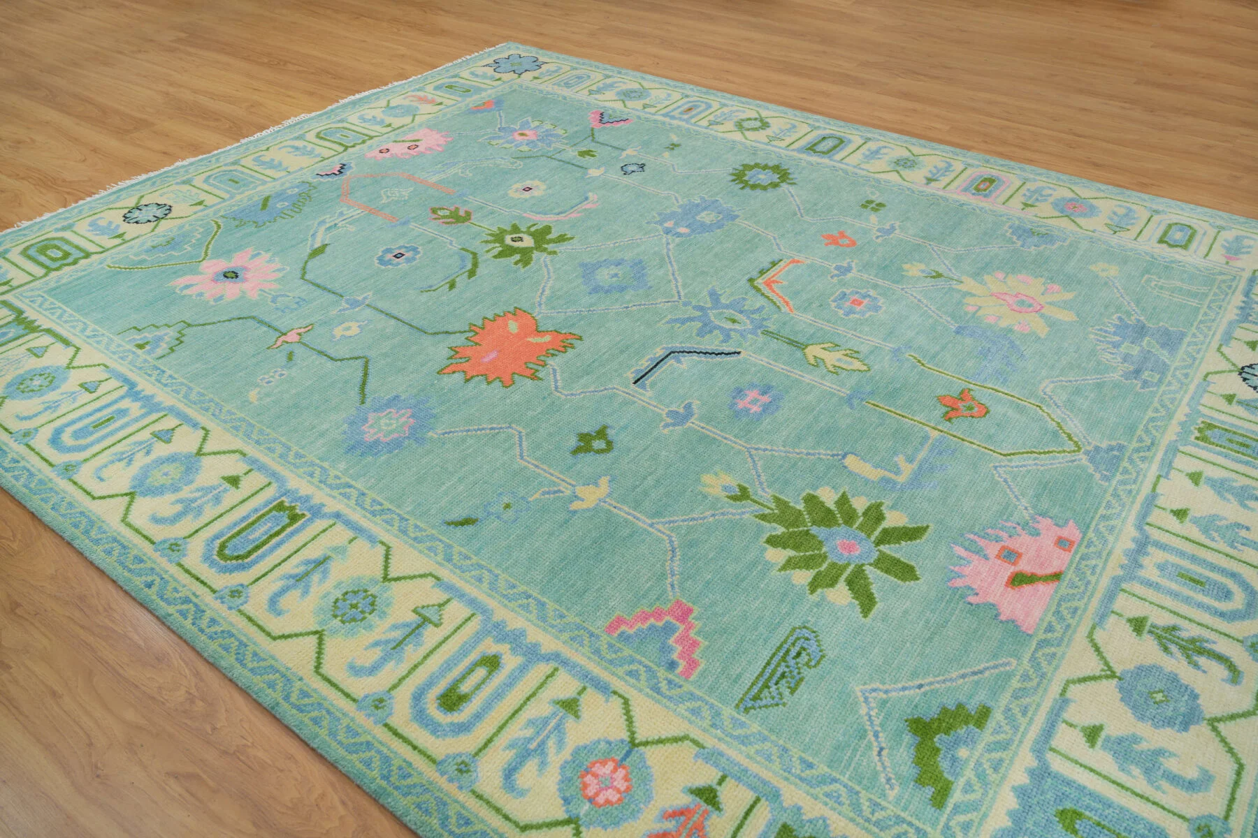 Aqua & Blush Hand-Knotted Oushak Rug – Palmette & Rosette