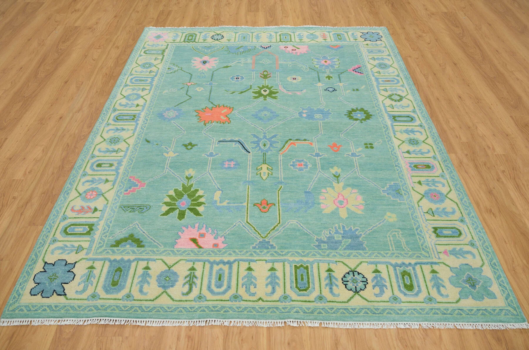Aqua & Blush Hand-Knotted Oushak Rug – Palmette & Rosette
