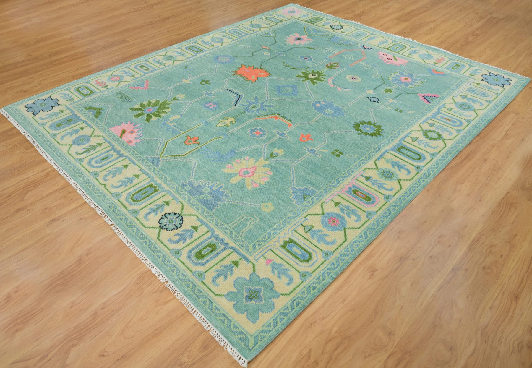 Aqua & Blush Hand-Knotted Oushak Rug – Palmette & Rosette