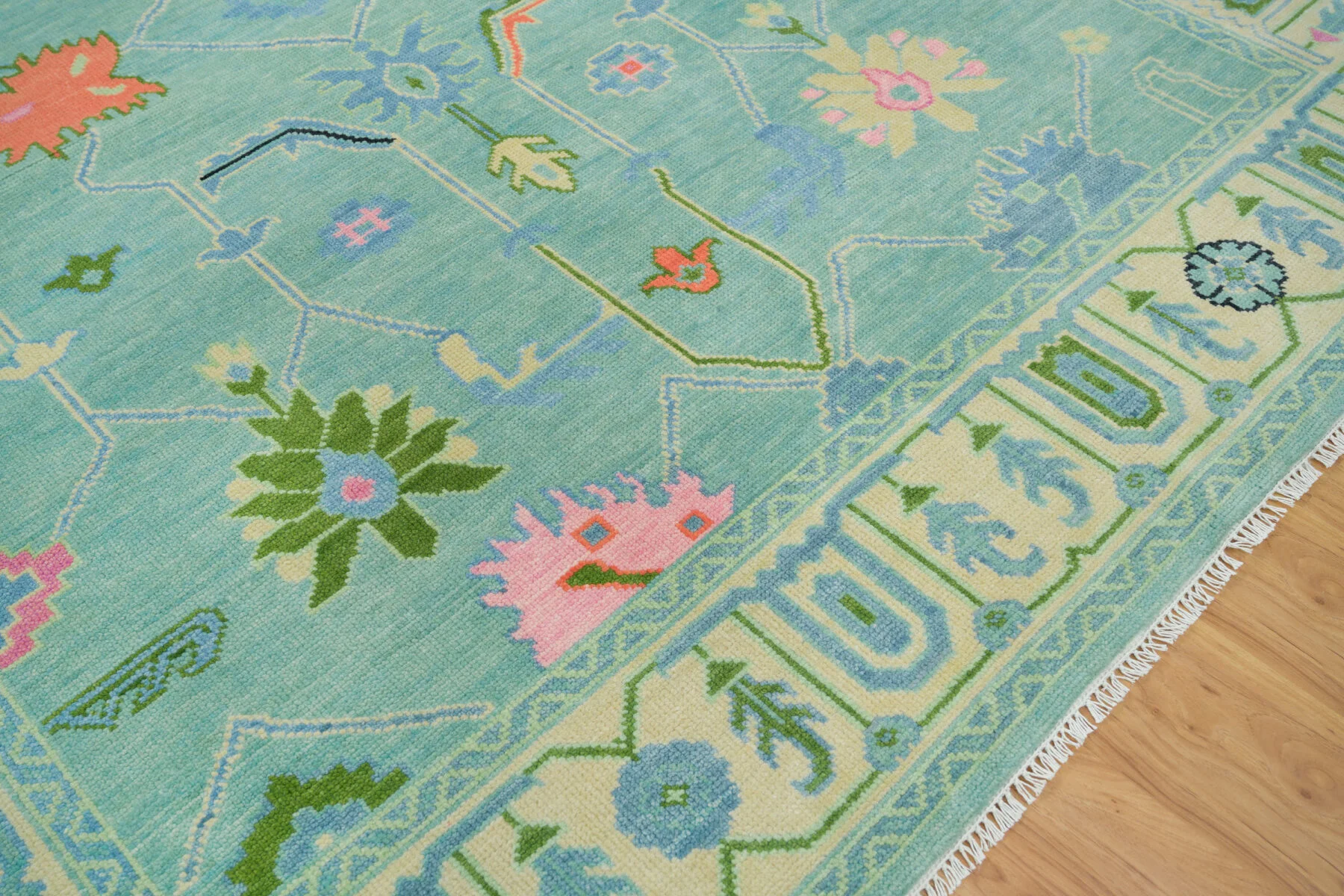 Aqua & Blush Hand-Knotted Oushak Rug – Palmette & Rosette