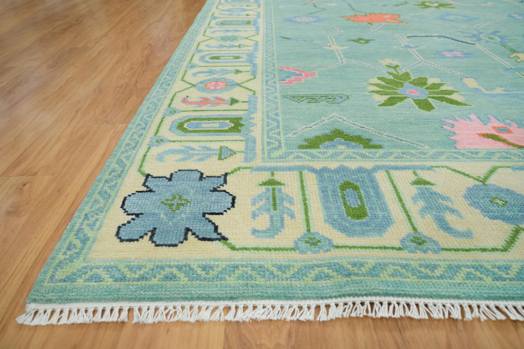 Aqua & Blush Hand-Knotted Oushak Rug – Palmette & Rosette