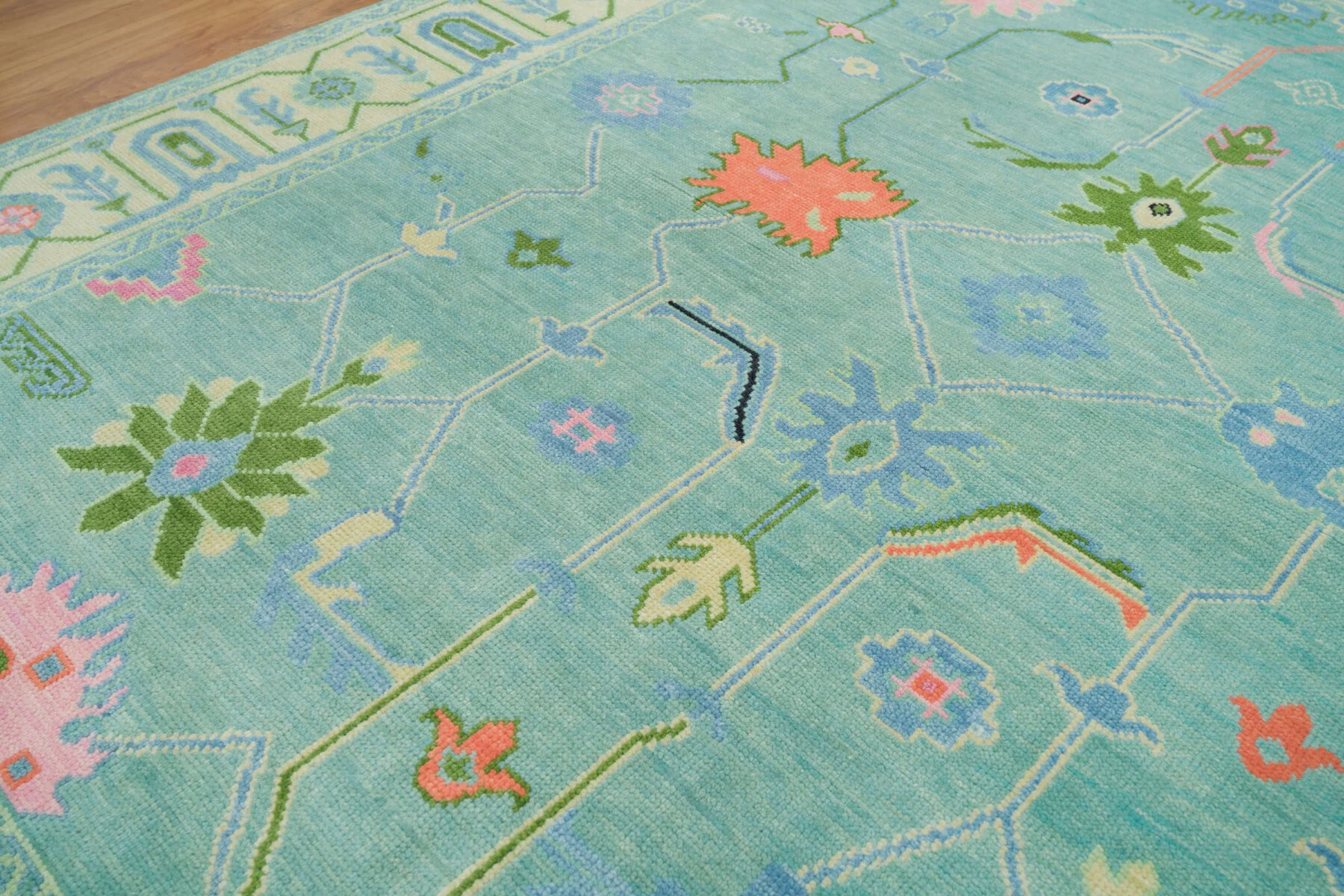Aqua & Blush Hand-Knotted Oushak Rug – Palmette & Rosette