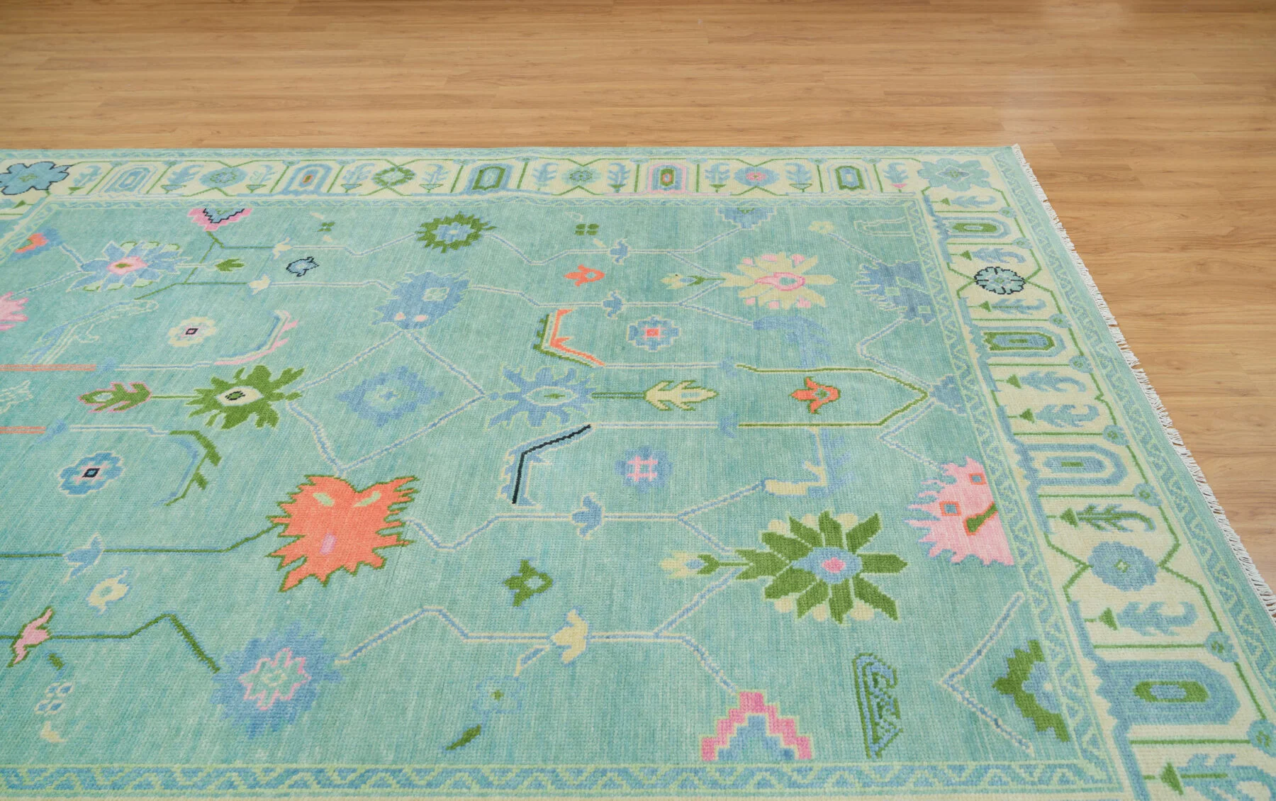 Aqua & Blush Hand-Knotted Oushak Rug – Palmette & Rosette