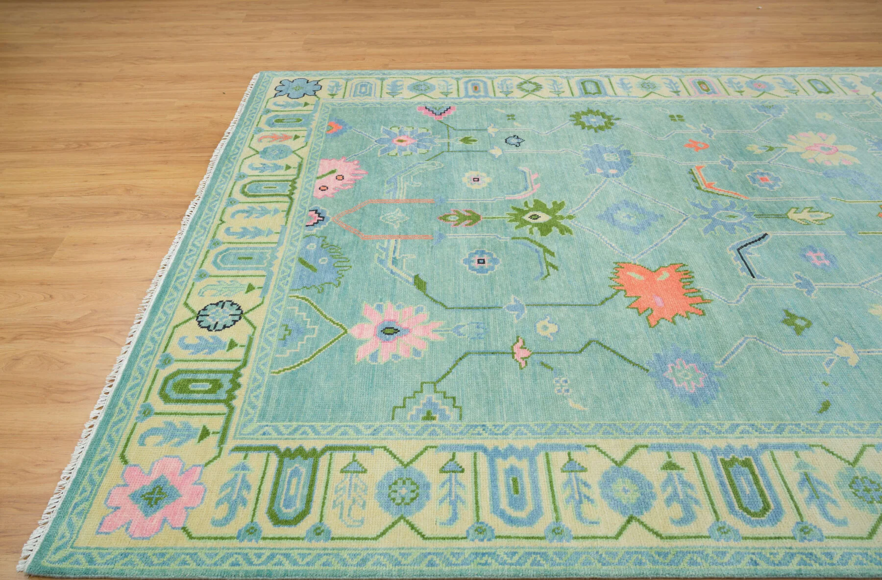 Aqua & Blush Hand-Knotted Oushak Rug – Palmette & Rosette