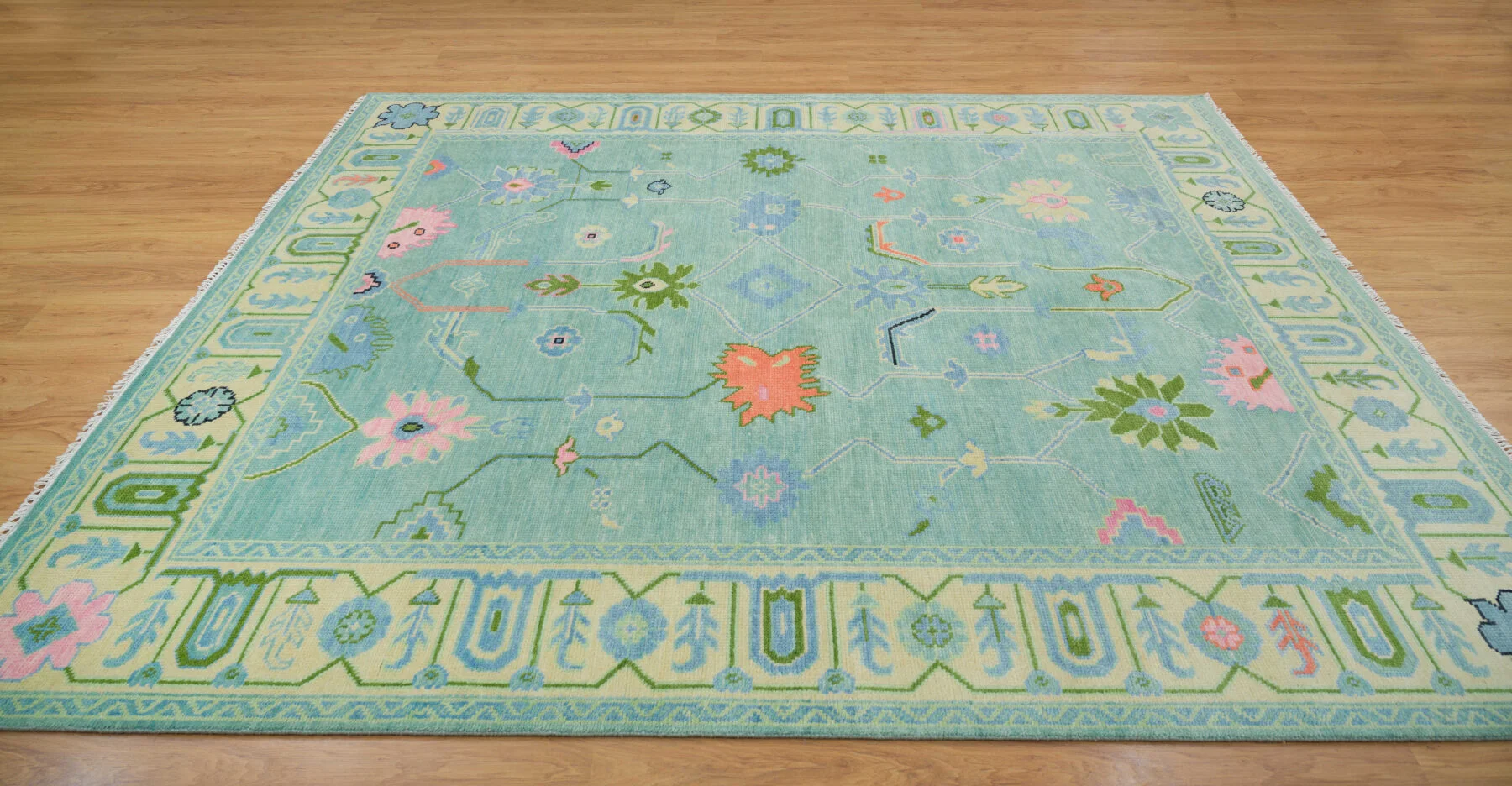 Aqua & Blush Hand-Knotted Oushak Rug – Palmette & Rosette