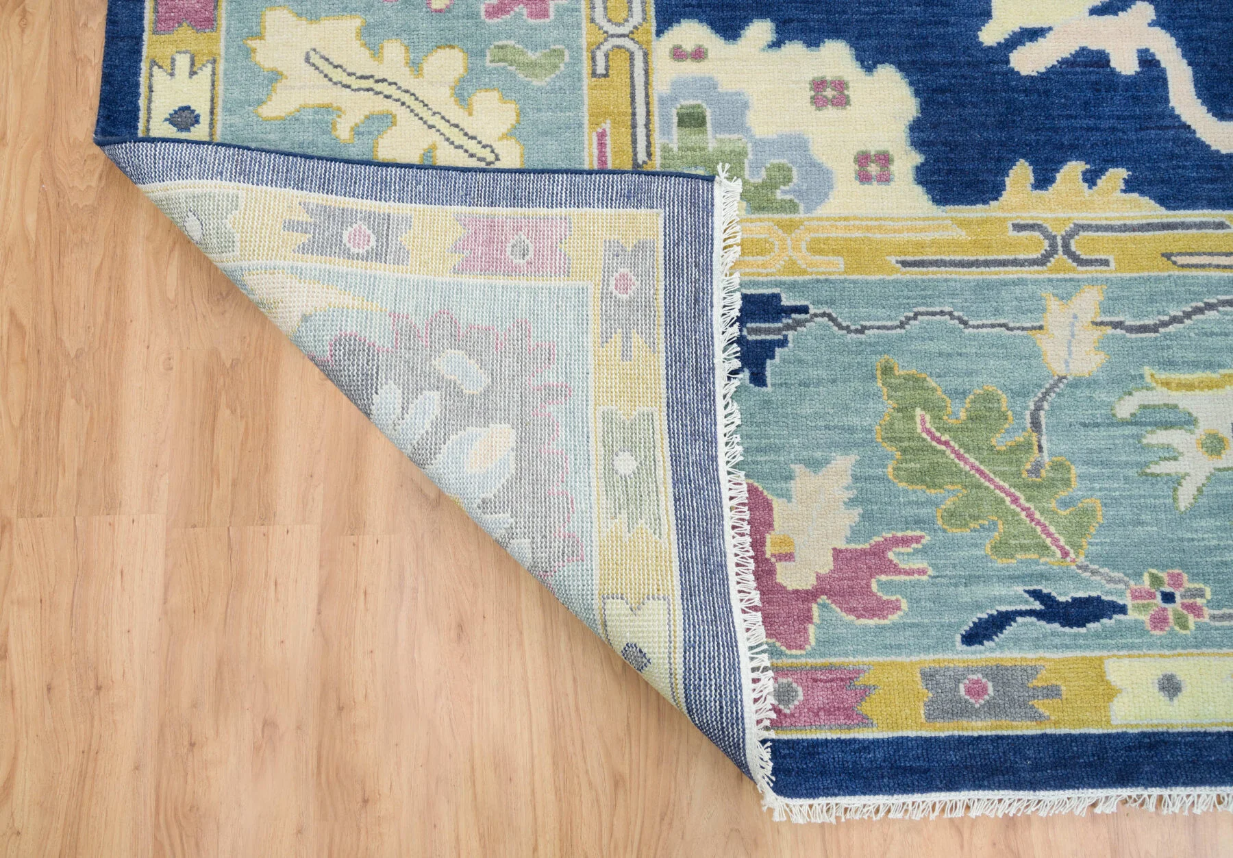 Navy & Blue Hand-Knotted Oushak Rug – Palmette & Rosette