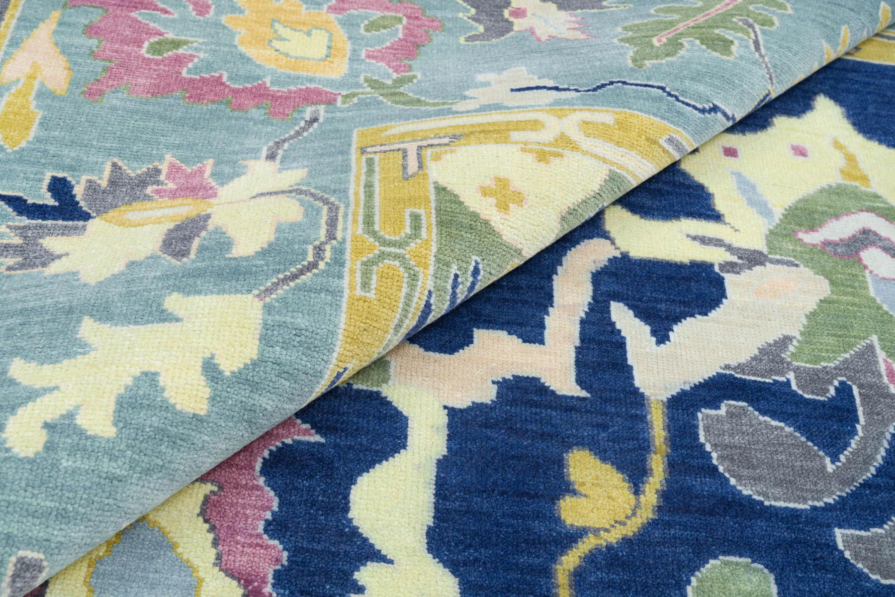 Navy & Blue Hand-Knotted Oushak Rug – Palmette & Rosette