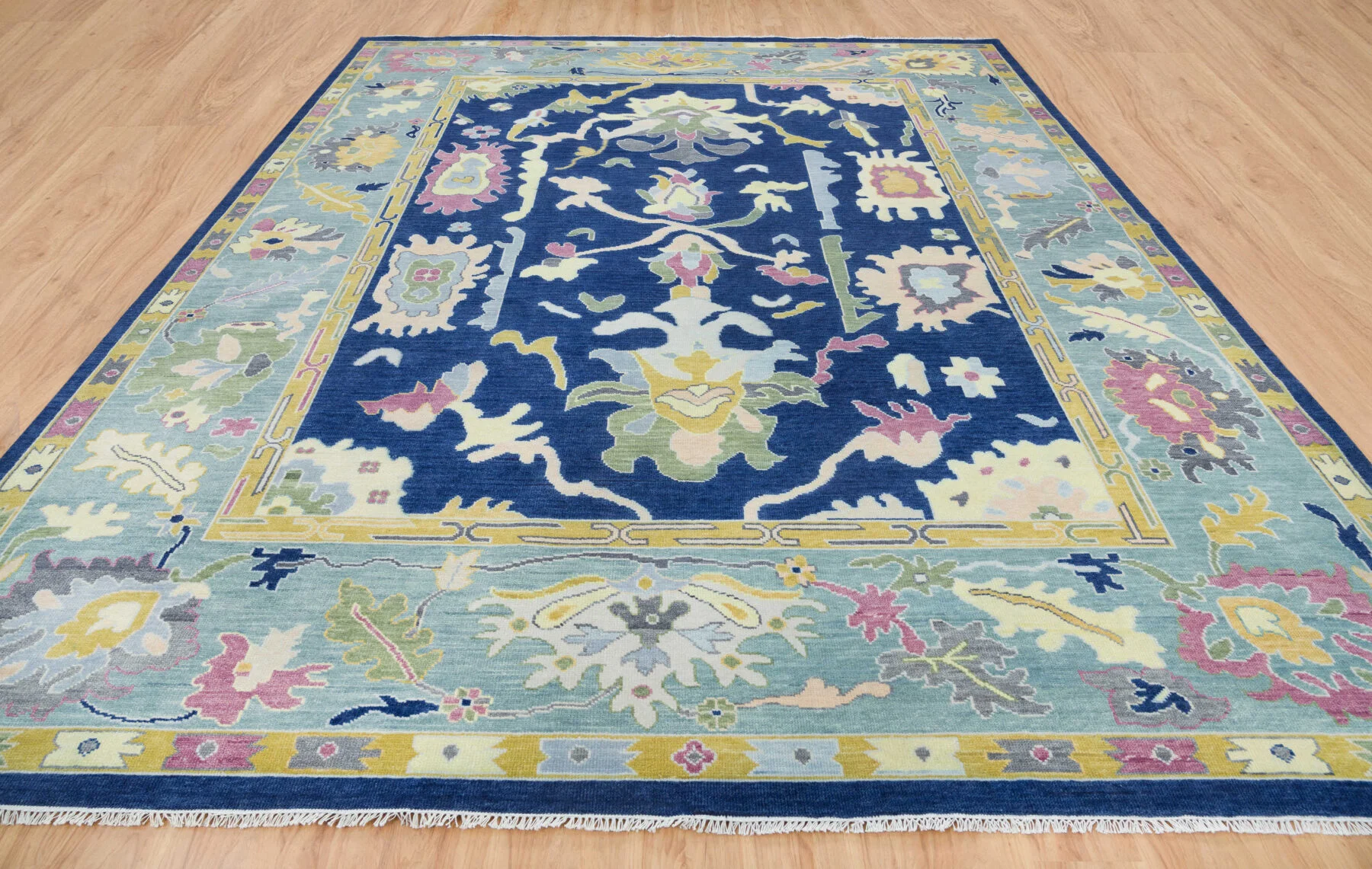 Navy & Blue Hand-Knotted Oushak Rug – Palmette & Rosette