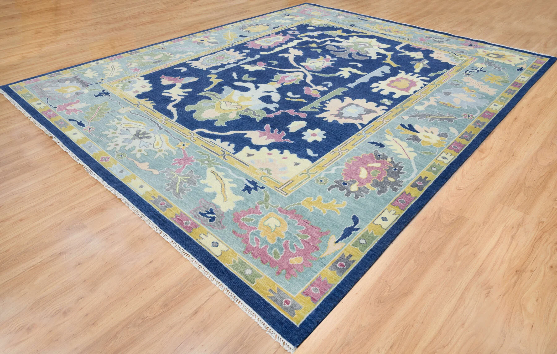 Navy & Blue Hand-Knotted Oushak Rug – Palmette & Rosette