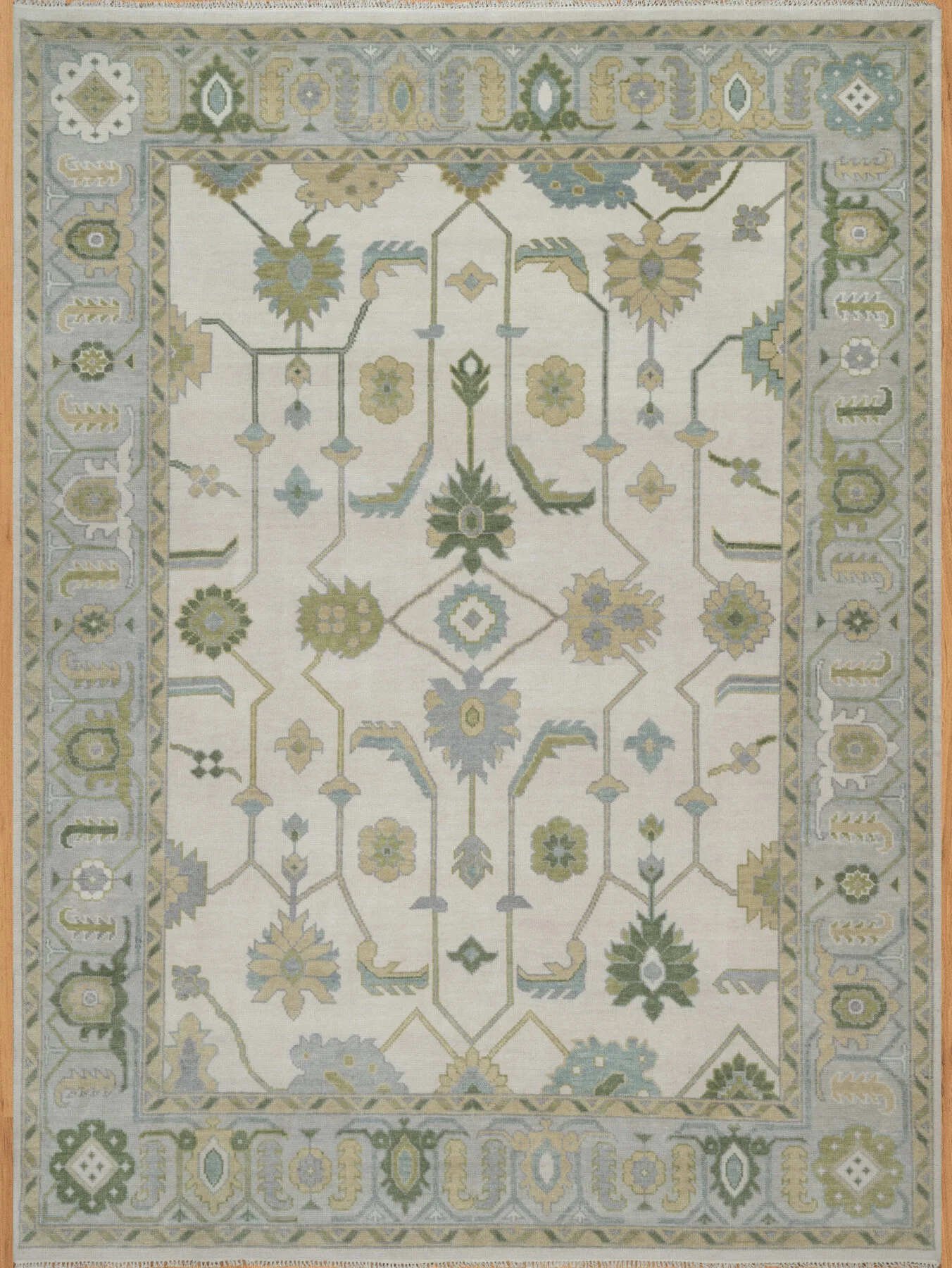 Cream & Blue Hand-Knotted Oushak Rug – Palmette & Vine