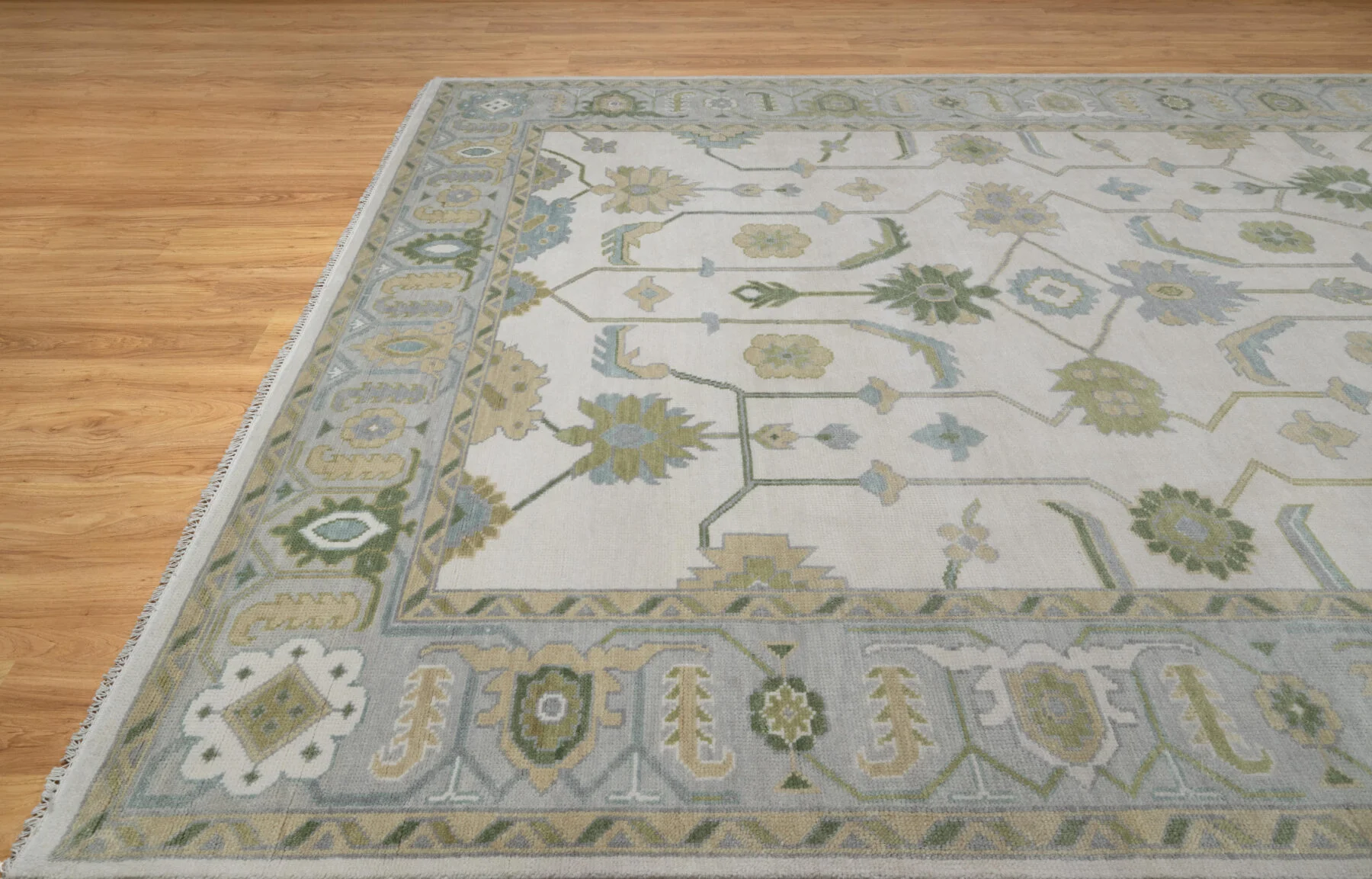 Cream & Blue Hand-Knotted Oushak Rug – Palmette & Vine