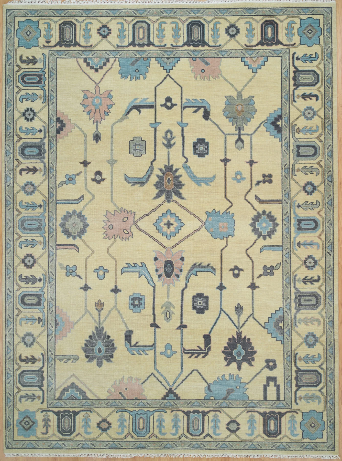Sand & Charcoal Hand-Knotted Oushak Rug – Palmette & Vine