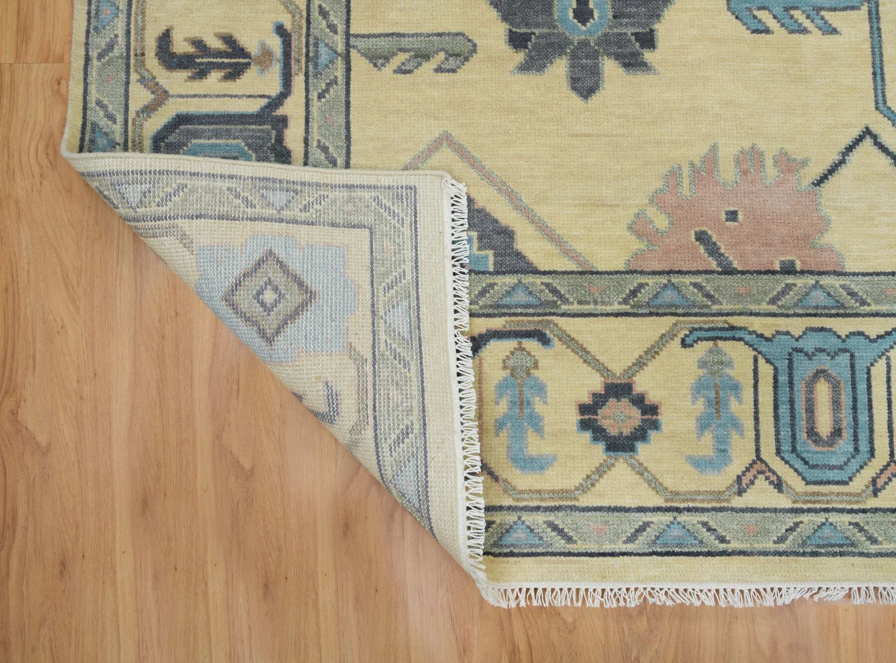 Sand & Charcoal Hand-Knotted Oushak Rug – Palmette & Vine