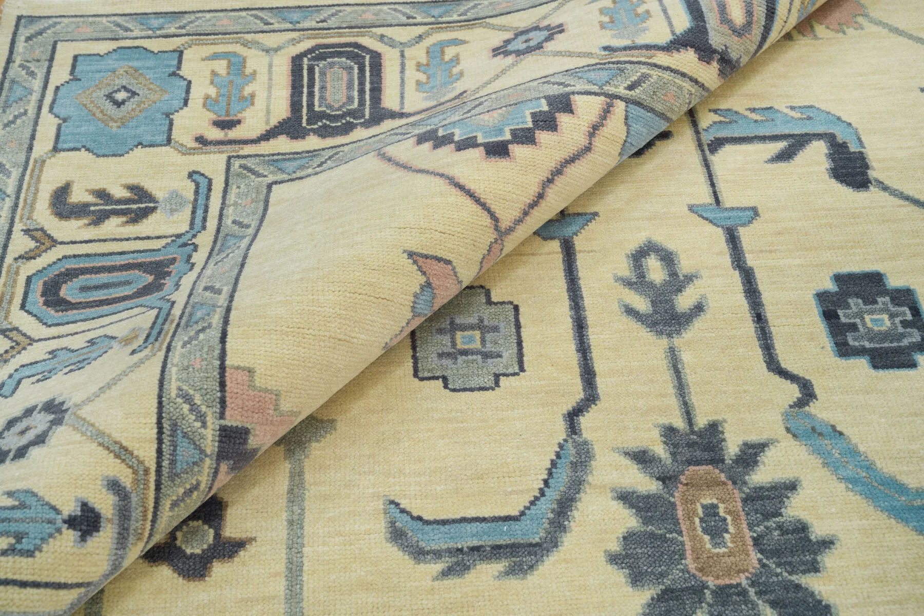 Sand & Charcoal Hand-Knotted Oushak Rug – Palmette & Vine
