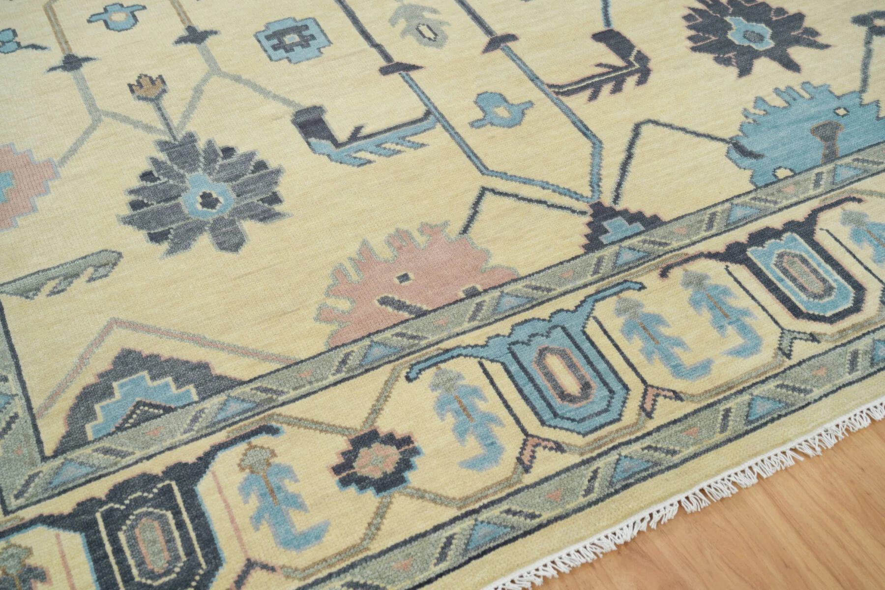 Sand & Charcoal Hand-Knotted Oushak Rug – Palmette & Vine