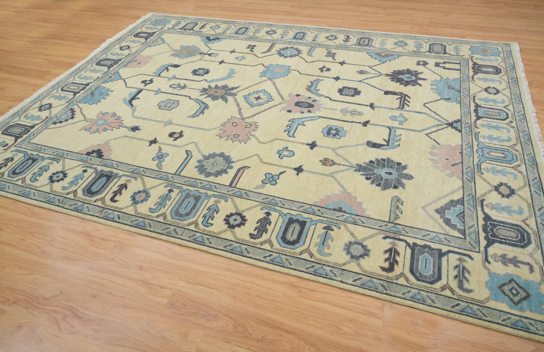 Sand & Charcoal Hand-Knotted Oushak Rug – Palmette & Vine
