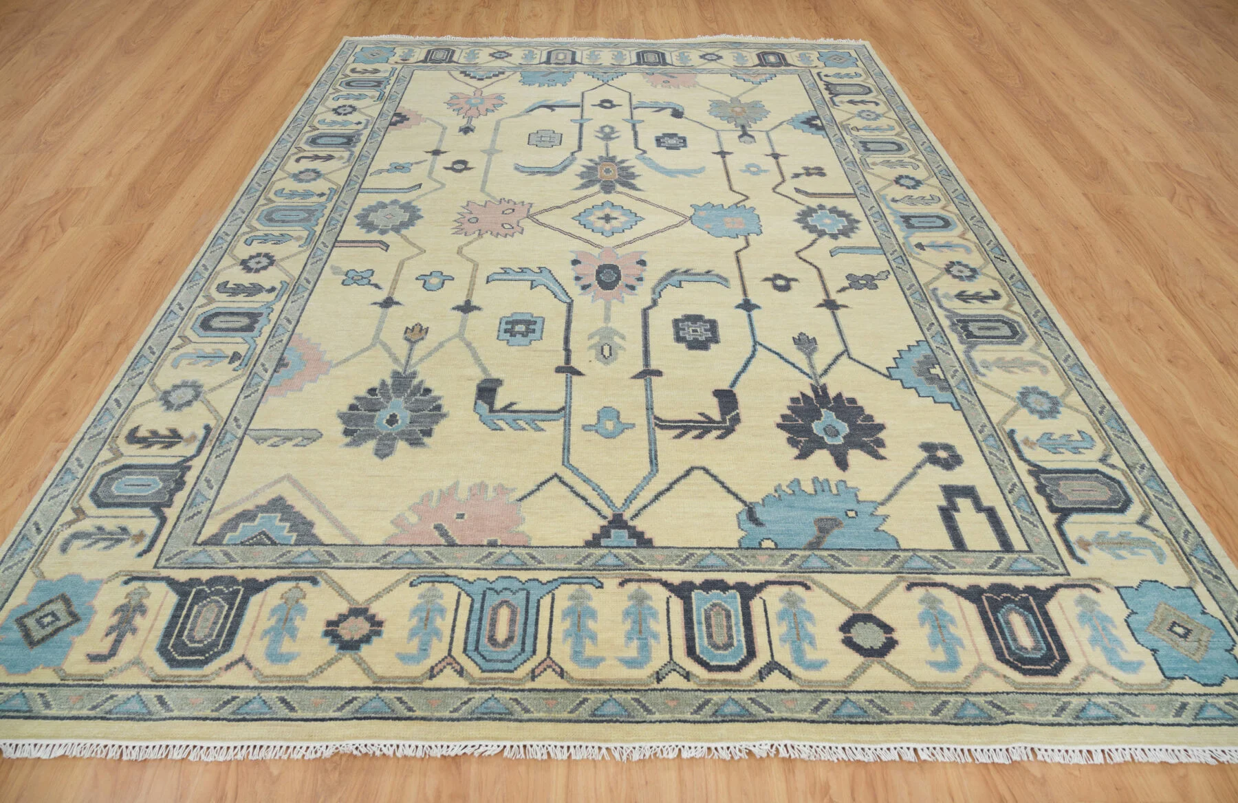 Sand & Charcoal Hand-Knotted Oushak Rug – Palmette & Vine