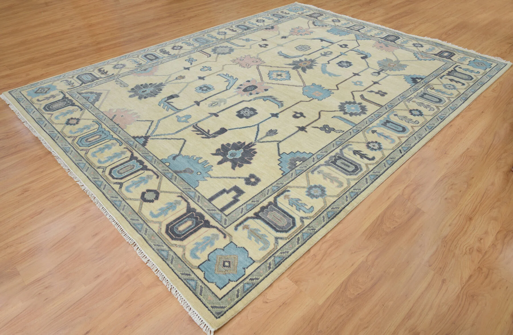 Sand & Charcoal Hand-Knotted Oushak Rug – Palmette & Vine