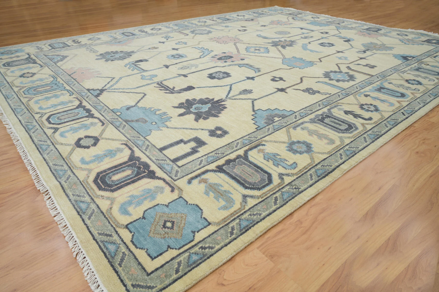 Sand & Charcoal Hand-Knotted Oushak Rug – Palmette & Vine