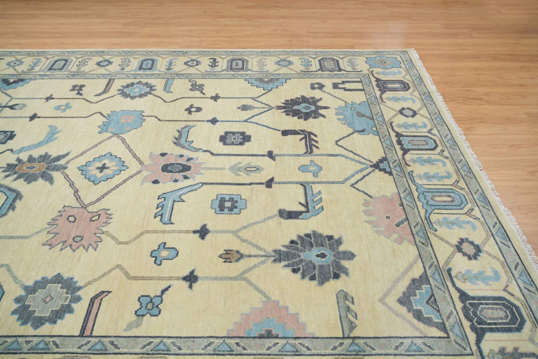 Sand & Charcoal Hand-Knotted Oushak Rug – Palmette & Vine