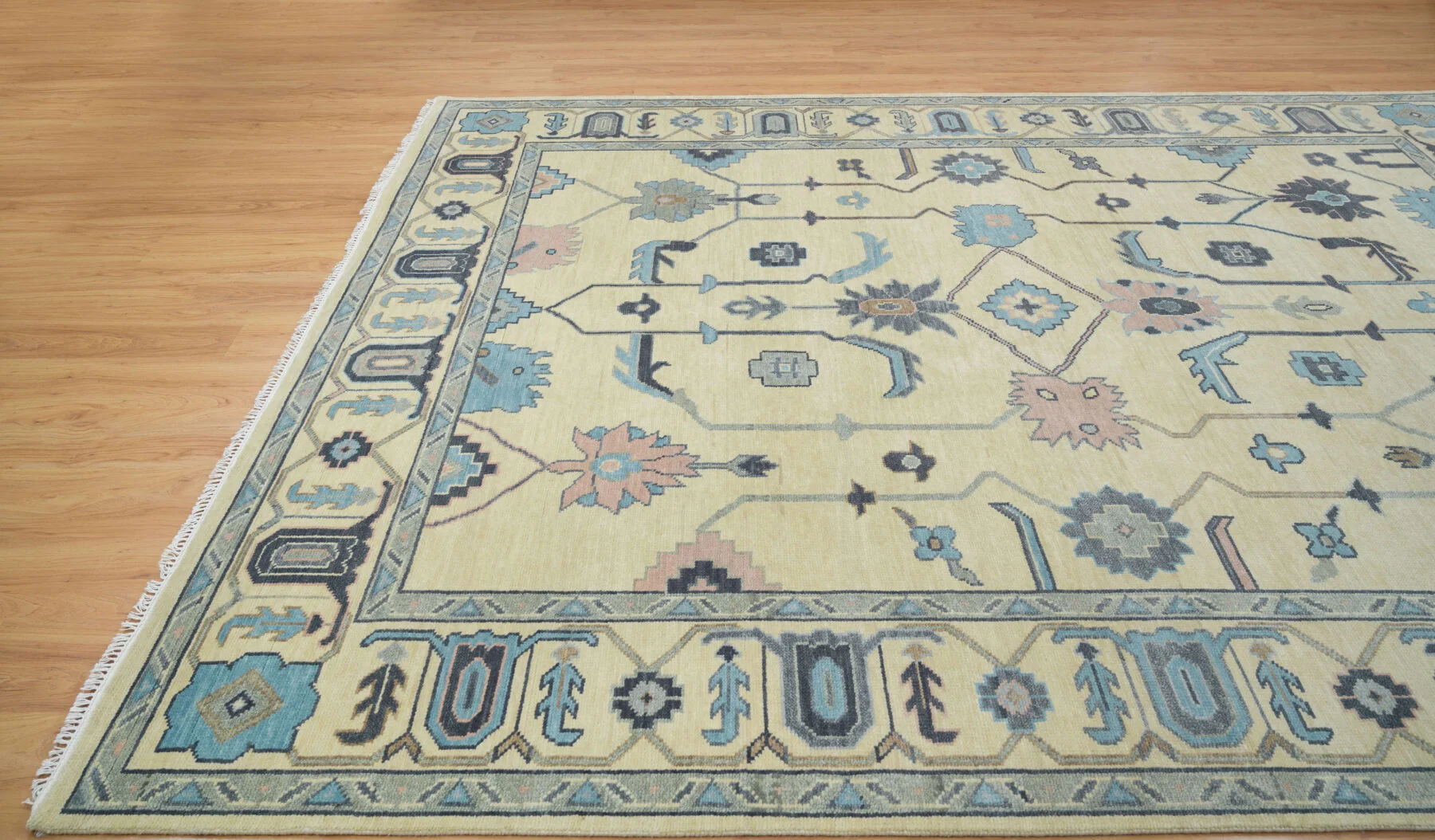 Sand & Charcoal Hand-Knotted Oushak Rug – Palmette & Vine