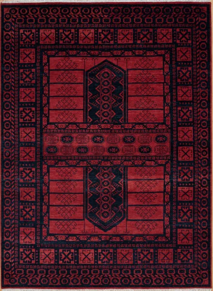Hand-knotted wool tribal rug with a rich red field featuring panelled geometric guls and diamond motifs in black, framed by multi-band borders.