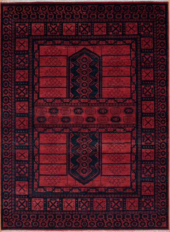 Hand-knotted wool tribal rug with a rich red field featuring panelled geometric guls and diamond motifs in black, framed by multi-band borders.