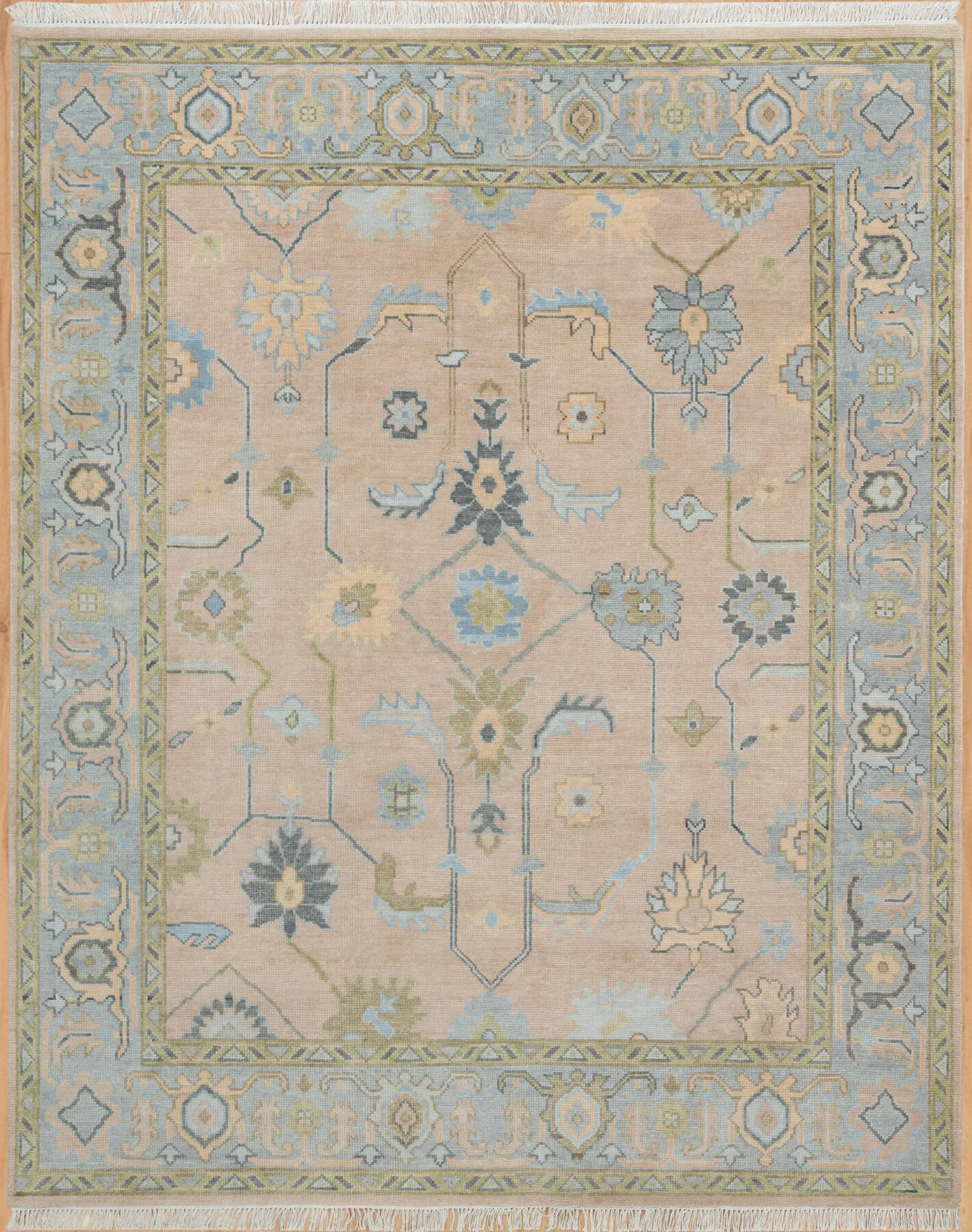 Sand & Olive Hand-Knotted Oushak Rug – Palmette & Vine