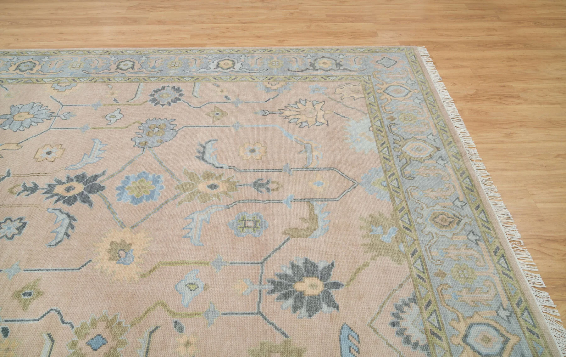 Sand & Olive Hand-Knotted Oushak Rug – Palmette & Vine