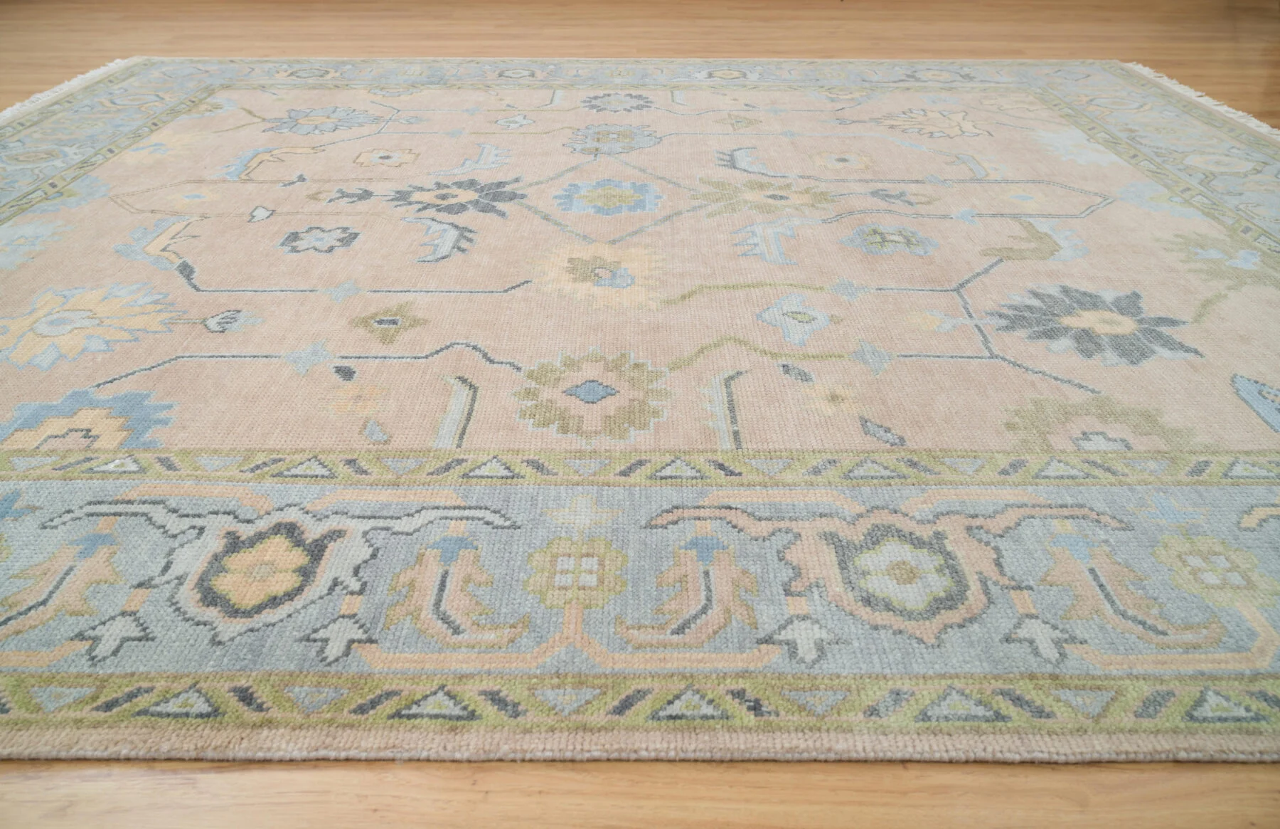 Sand & Olive Hand-Knotted Oushak Rug – Palmette & Vine