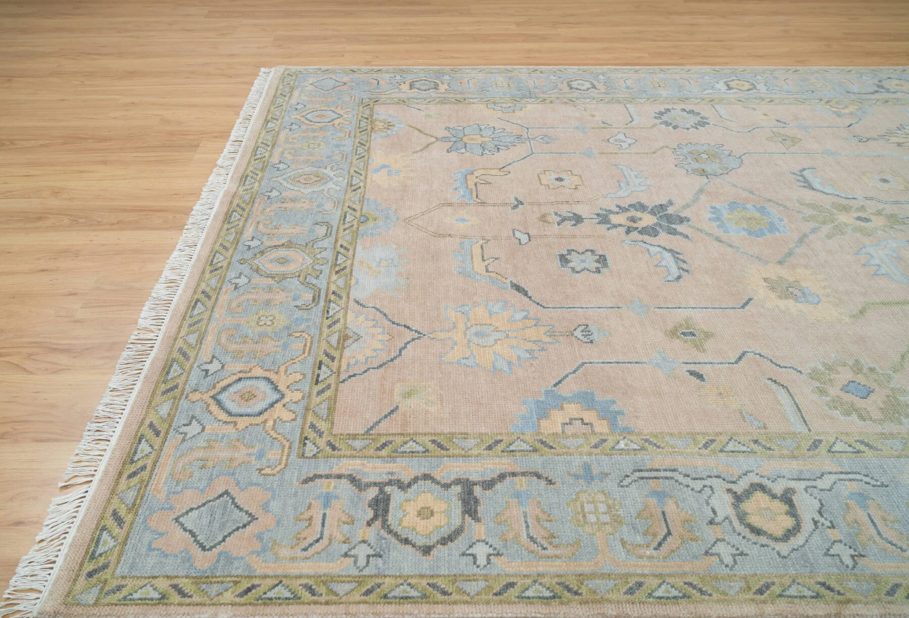 Sand & Olive Hand-Knotted Oushak Rug – Palmette & Vine