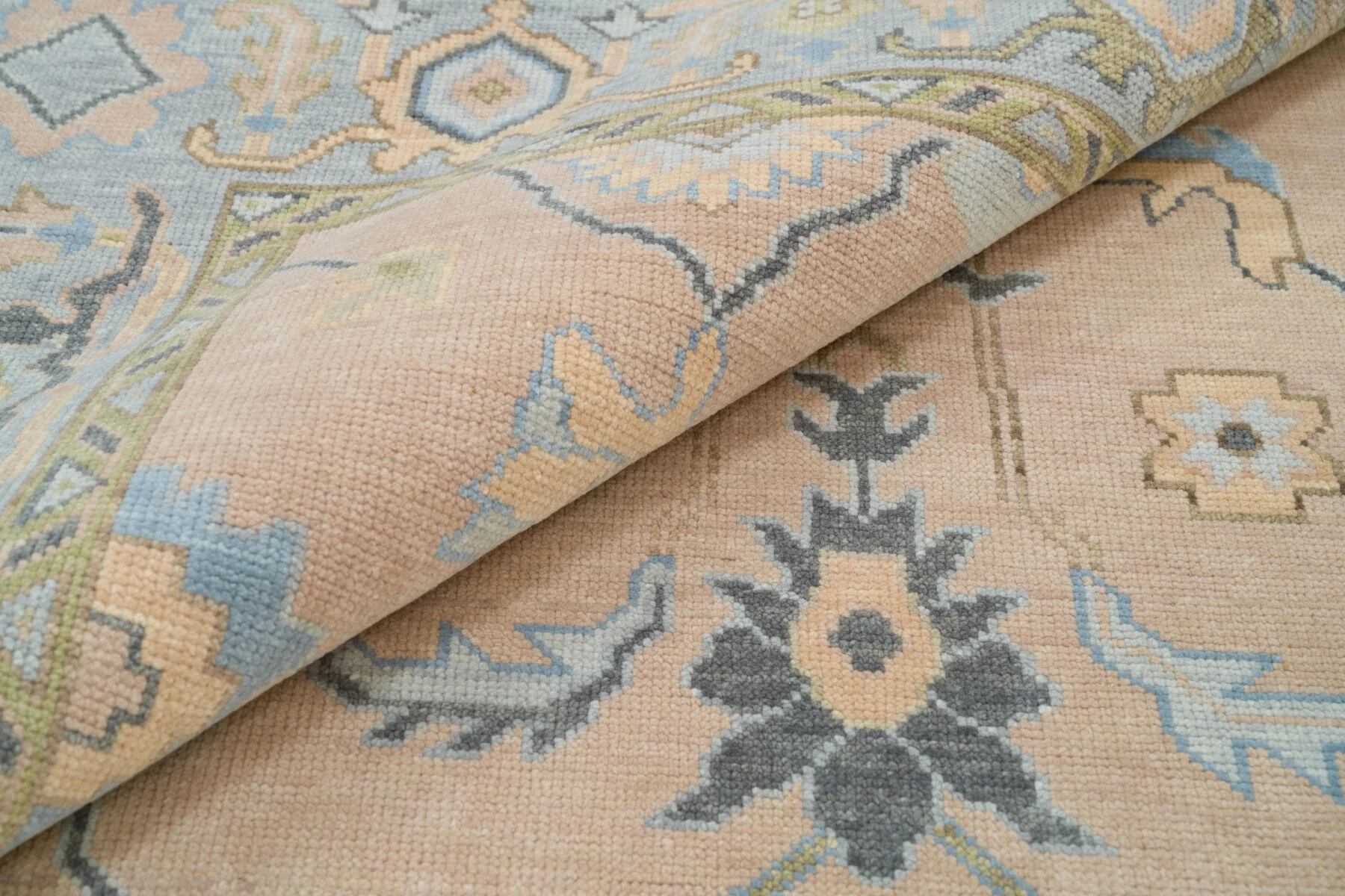 Sand & Olive Hand-Knotted Oushak Rug – Palmette & Vine