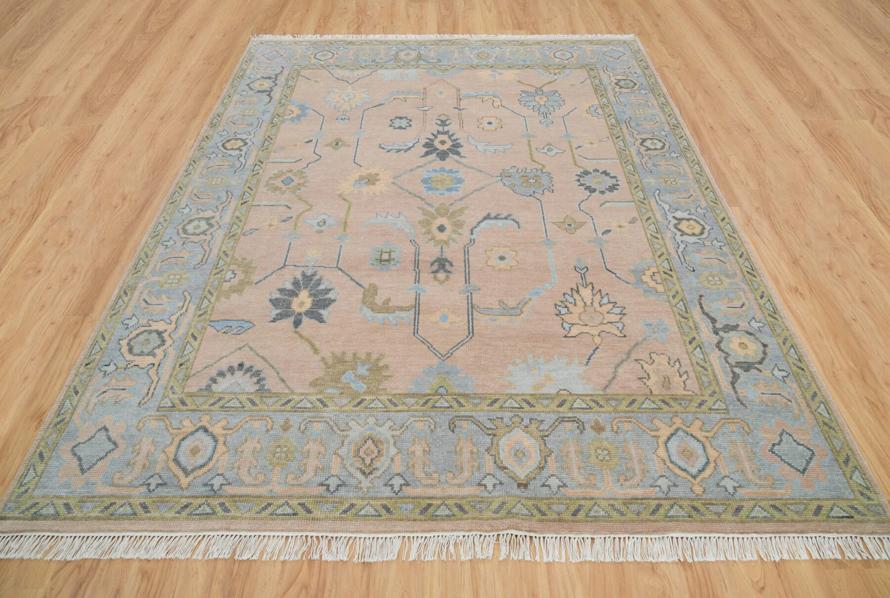 Sand & Olive Hand-Knotted Oushak Rug – Palmette & Vine