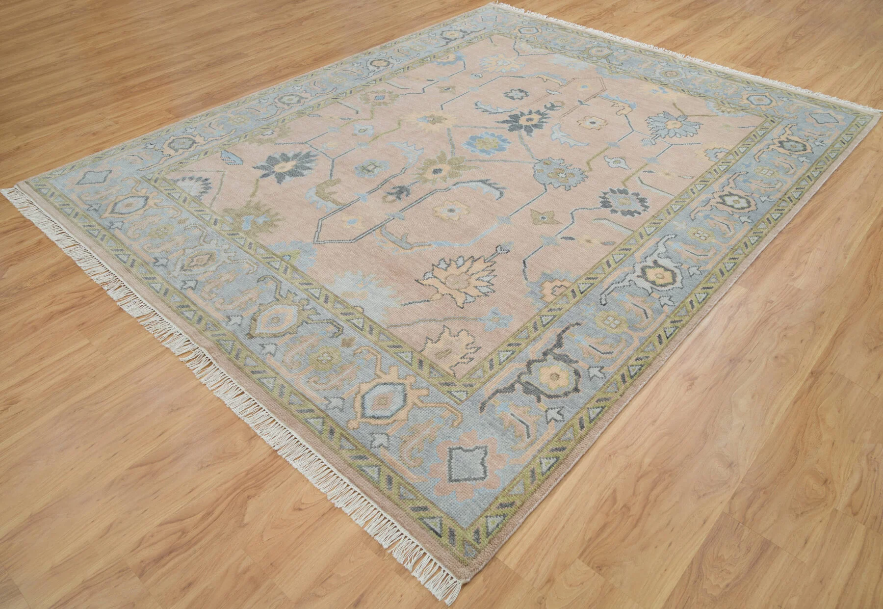 Sand & Olive Hand-Knotted Oushak Rug – Palmette & Vine