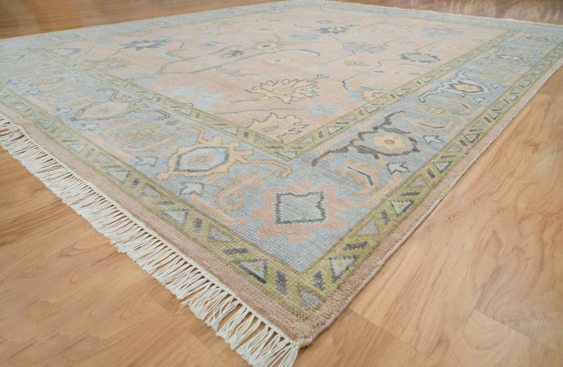 Sand & Olive Hand-Knotted Oushak Rug – Palmette & Vine