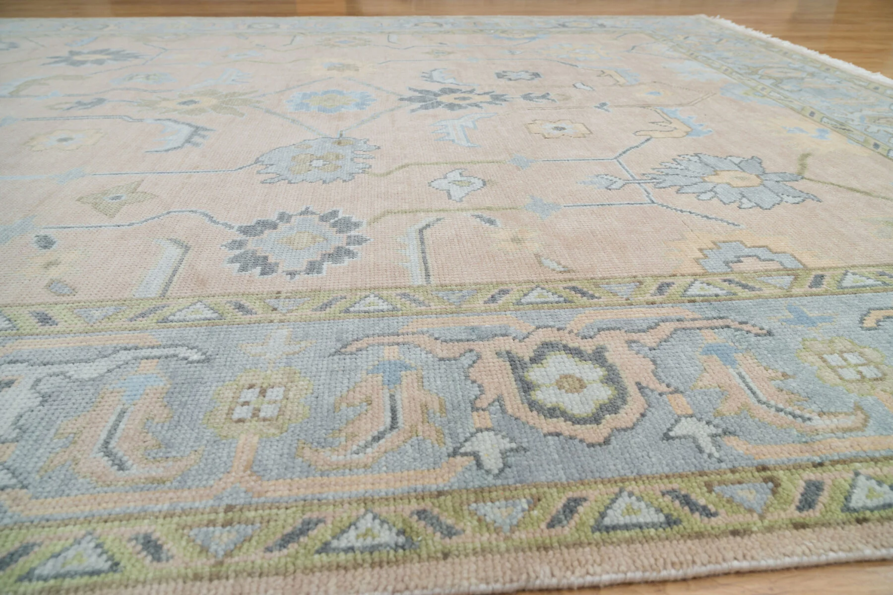 Sand & Olive Hand-Knotted Oushak Rug – Palmette & Vine