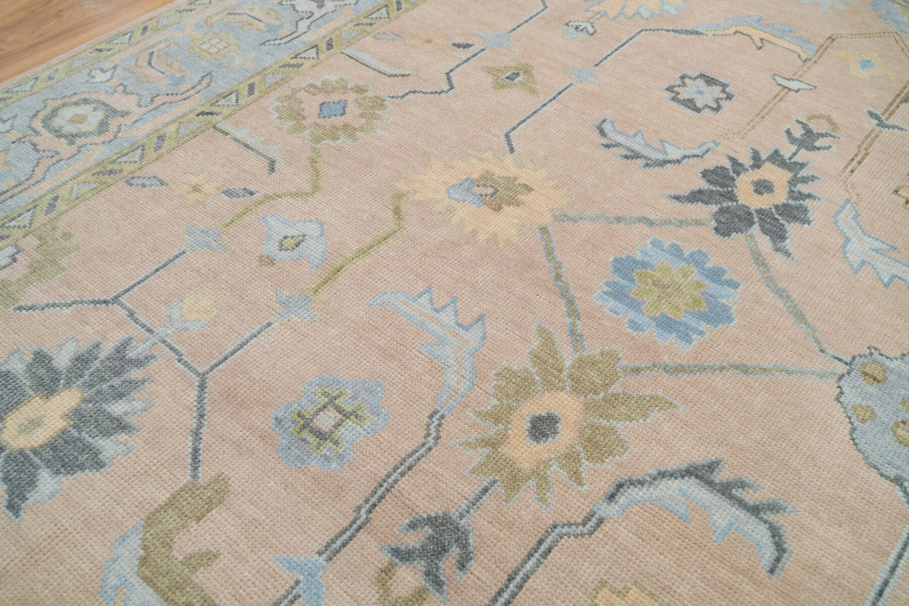 Sand & Olive Hand-Knotted Oushak Rug – Palmette & Vine
