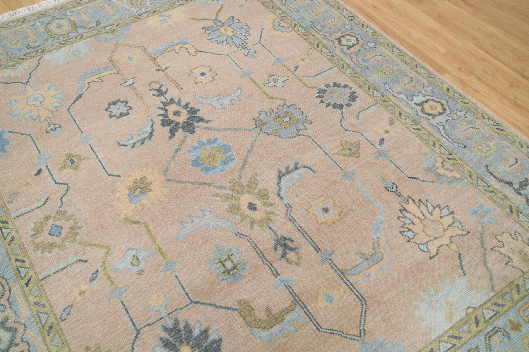 Sand & Olive Hand-Knotted Oushak Rug – Palmette & Vine